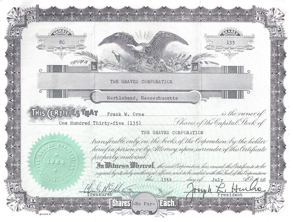 Graves Corporation Stock Certificate 1968 Marblehead, MA